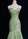 Niulatu Green Mermaid Spaghetti Strap Satin Beaded Sequin Long Prom Dress Sweetheart Neck Evening Dress HZ1103