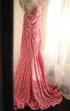 Niulatu Pink Mermaid One Shoulder Sequined Pleated Long Prom Dress Backless Evening Dress HZ1103
