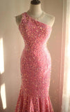Niulatu Pink Mermaid One Shoulder Sequined Pleated Long Prom Dress Backless Evening Dress HZ1103