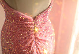 Niulatu Pink Mermaid One Shoulder Sequined Pleated Long Prom Dress Backless Evening Dress HZ1103