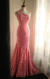 Niulatu Pink Mermaid One Shoulder Sequined Pleated Long Prom Dress Backless Evening Dress HZ1103