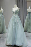 Niulatu V Neck Tulle Beaded Applique Long Prom Dress, Spaghetti Strap Formal Evening Dress HZ1103