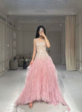 Niulatu Mermaid Strapless Tulle Sequined Long Prom Dress, Sweet Embroidered Applique Wedding Dress HZ1103