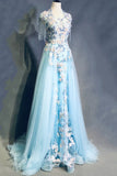 Niulatu Sky Blue A-Line Tulle Beading Embroidery Appliques Long Prom Dress Pageant Gown HZ1103