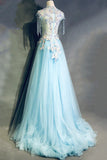 Niulatu Sky Blue A-Line Tulle Beading Embroidery Appliques Long Prom Dress Pageant Gown HZ1103