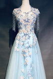Niulatu Sky Blue A-Line Tulle Beading Embroidery Appliques Long Prom Dress Pageant Gown HZ1103