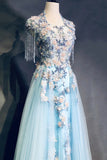 Niulatu Sky Blue A-Line Tulle Beading Embroidery Appliques Long Prom Dress Pageant Gown HZ1103