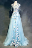 Niulatu Sky Blue A-Line Tulle Beading Embroidery Appliques Long Prom Dress Pageant Gown HZ1103
