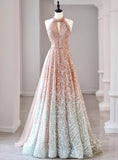 Niulatu Halter Neck Sequined Tulle Long Prom Dress, Formal Evening Dress HZ1103