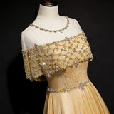 Niulatu A-Line Tulle Beading Sequins Long Prom Dress Lotus Leaf Sleeve Evening Dress HZ1103