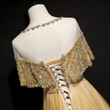 Niulatu A-Line Tulle Beading Sequins Long Prom Dress Lotus Leaf Sleeve Evening Dress HZ1103