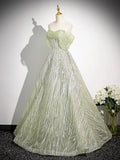 Niulatu A-Line Off the Shoulder Glittering Tulle Sequins Long Prom Dress Sweet 16 Dress HZ1103