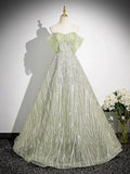 Niulatu A-Line Off the Shoulder Glittering Tulle Sequins Long Prom Dress Sweet 16 Dress HZ1103