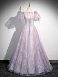 Niulatu Lilac A-Line Sweetheart Tulle Beaded Long Prom Dress Puffy Sleeves Graduation Dress HZ1103