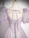 Niulatu Lilac A-Line Sweetheart Tulle Beaded Long Prom Dress Puffy Sleeves Graduation Dress HZ1103