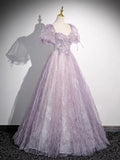 Niulatu Lilac A-Line Sweetheart Tulle Beaded Long Prom Dress Puffy Sleeves Graduation Dress HZ1103