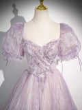 Niulatu Lilac A-Line Sweetheart Tulle Beaded Long Prom Dress Puffy Sleeves Graduation Dress HZ1103