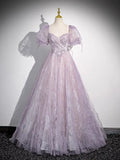 Niulatu Lilac A-Line Sweetheart Tulle Beaded Long Prom Dress Puffy Sleeves Graduation Dress HZ1103