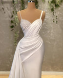 Niulatu White Mermaid Sweetheart Satin Beaded Long Prom Dress Formal Spaghetti Strap Evening Gown HZ1103