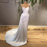 Niulatu White Mermaid Sweetheart Satin Beaded Long Prom Dress Formal Spaghetti Strap Evening Gown HZ1103