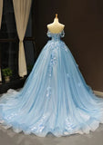 Niulatu Off-the-Shoulder Sweetheart Sweep Train Tulle Prom Dress, Sky Blue Applique Wedding Dress HZ1103
