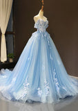 Niulatu Off-the-Shoulder Sweetheart Sweep Train Tulle Prom Dress, Sky Blue Applique Wedding Dress HZ1103