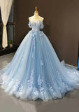 Niulatu Off-the-Shoulder Sweetheart Sweep Train Tulle Prom Dress, Sky Blue Applique Wedding Dress HZ1103