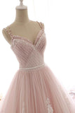 Niulatu A Line Spaghetti Strap Tulle Beaded Long Prom Dress Sweet Applique Wedding Dress HZ1103