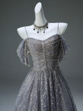 Niulatu Spaghetti Strap Mesh Sequin Long Prom Dress Graduation Prom Adult Ceremony Dress HZ1103