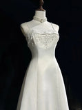 Niulatu Spaghetti Strap Beaded Satin Long Prom Dress White Wedding Dress Graduation Prom Dress HZ1103