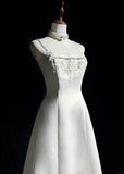 Niulatu Spaghetti Strap Beaded Satin Long Prom Dress White Wedding Dress Graduation Prom Dress HZ1103