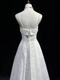 Niulatu Spaghetti Strap Beaded Satin Long Prom Dress White Wedding Dress Graduation Prom Dress HZ1103