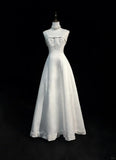 Niulatu Spaghetti Strap Beaded Satin Long Prom Dress White Wedding Dress Graduation Prom Dress HZ1103