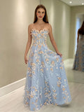 Niulatu Sweetheart Neck Tulle Lace Blue Long Prom Dress Graduation Prom Dress HZ1103