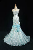 Niulatu Blue Mermaid Spaghetti Straps Organza Diamond Long Prom Dress Lace Floral Evening Gown HZ1103