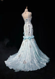Niulatu Blue Mermaid Spaghetti Straps Organza Diamond Long Prom Dress Lace Floral Evening Gown HZ1103