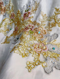 Niulatu A-Line Strapless Satin Sequins Long Prom Dress Embroidered Applique Wedding Dress HZ1103