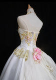 Niulatu A-Line Strapless Satin Sequins Long Prom Dress Embroidered Applique Wedding Dress HZ1103