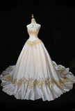 Niulatu A-Line Strapless Satin Sequins Long Prom Dress Embroidered Applique Wedding Dress HZ1103