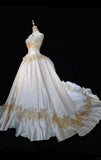 Niulatu A-Line Strapless Satin Sequins Long Prom Dress Embroidered Applique Wedding Dress HZ1103