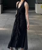 Niulatu Black Halter A-Line Chiffon&Tulle Open Back Prom Dresses Birthday Dresses HZ1026