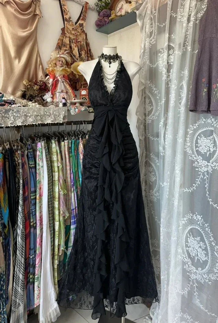 Niulatu Black Halter A-Line Chiffon&Tulle Open Back Prom Dresses Birthday Dresses HZ1026