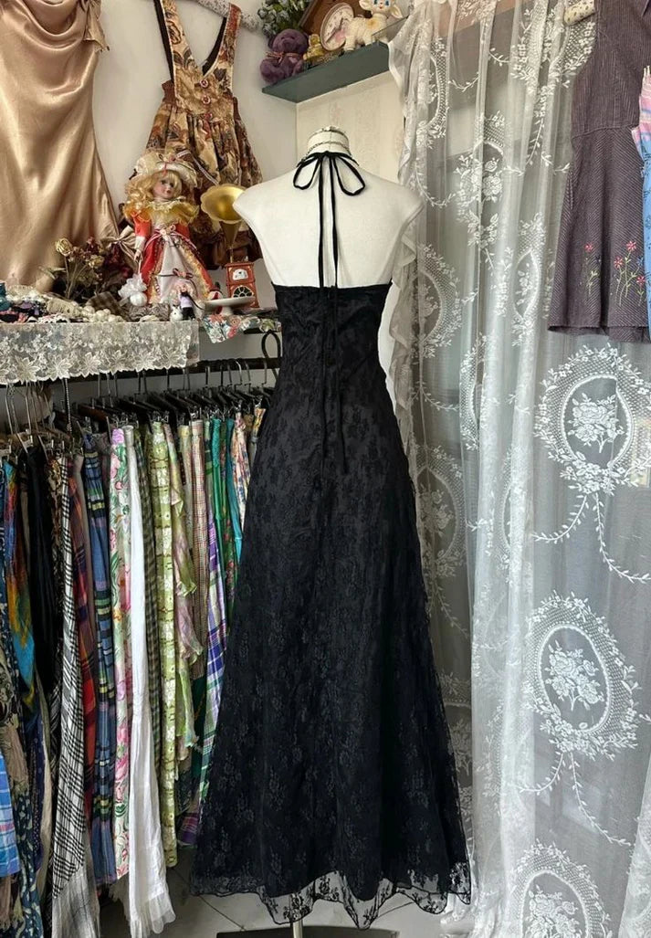 Niulatu Black Halter A-Line Chiffon&Tulle Open Back Prom Dresses Birthday Dresses HZ1026
