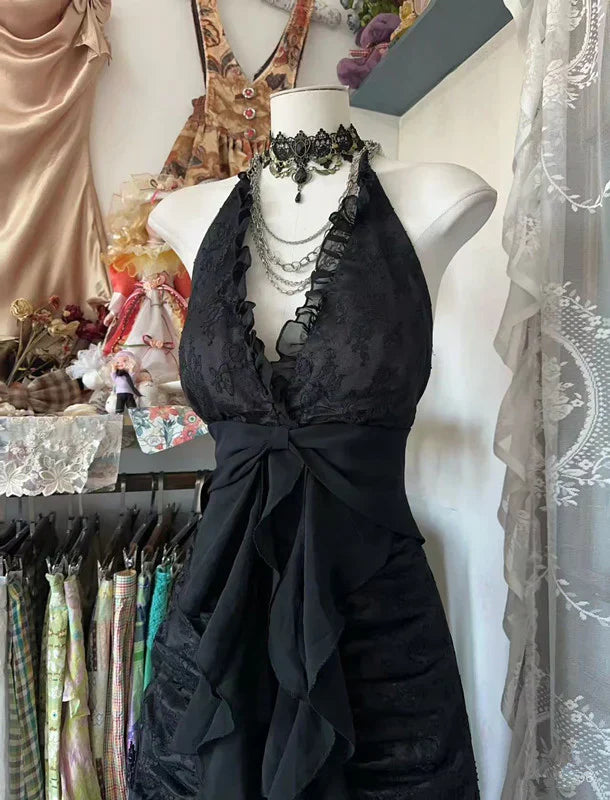 Niulatu Black Halter A-Line Chiffon&Tulle Open Back Prom Dresses Birthday Dresses HZ1026