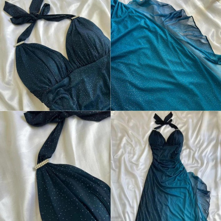 Niulatu ?Chiffon Halter Sheath Prom Dress for Party&Birthday Elegant Blue Evening Gowns HZ1026