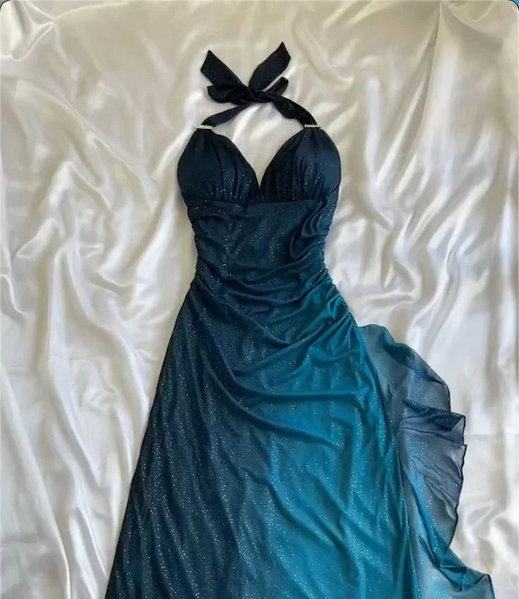 Niulatu ?Chiffon Halter Sheath Prom Dress for Party&Birthday Elegant Blue Evening Gowns HZ1026
