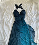 Niulatu ?Chiffon Halter Sheath Prom Dress for Party&Birthday Elegant Blue Evening Gowns HZ1026