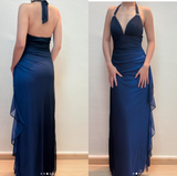Niulatu ?Chiffon Halter Sheath Prom Dress for Party&Birthday Elegant Blue Evening Gowns HZ1026