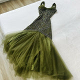 Niulatu Green Merimaid Spaghetti Strap Tulle Beaded Long Prom Dress Birthday Graduation Prom Dress HZ1103