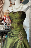 Niulatu Mermaid Strapless Olive Green Satin Tulle Long Prom Dress Sequin Beaded Evening Dress HZ1103